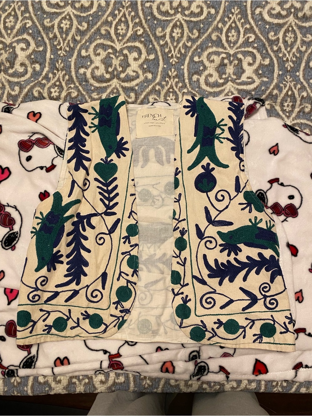 French Toast Cream Vest with Green & Navy Floral Folk Print